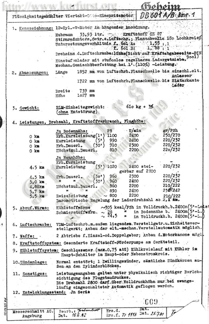DB 601A-1 datasheet by Messerschmitt AG, 1941
